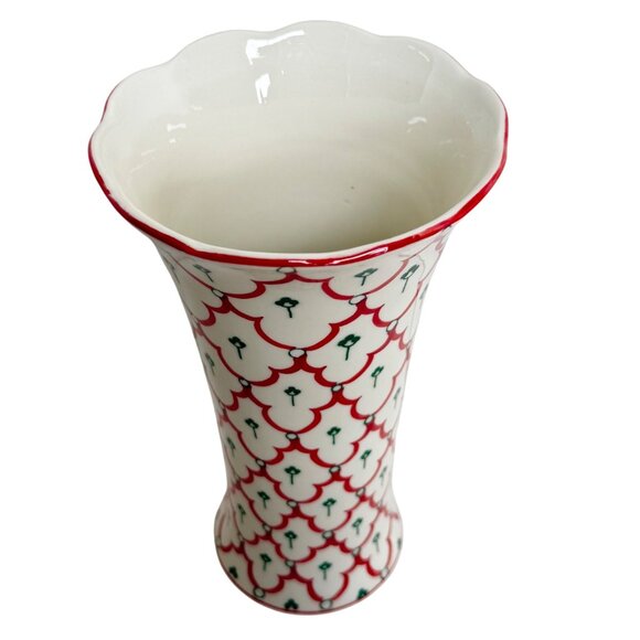 Andrea By Sadek 8" Ceramic Vase Red Green Blue Pattern Flared Scalloped Rim - Picture 3 of 8